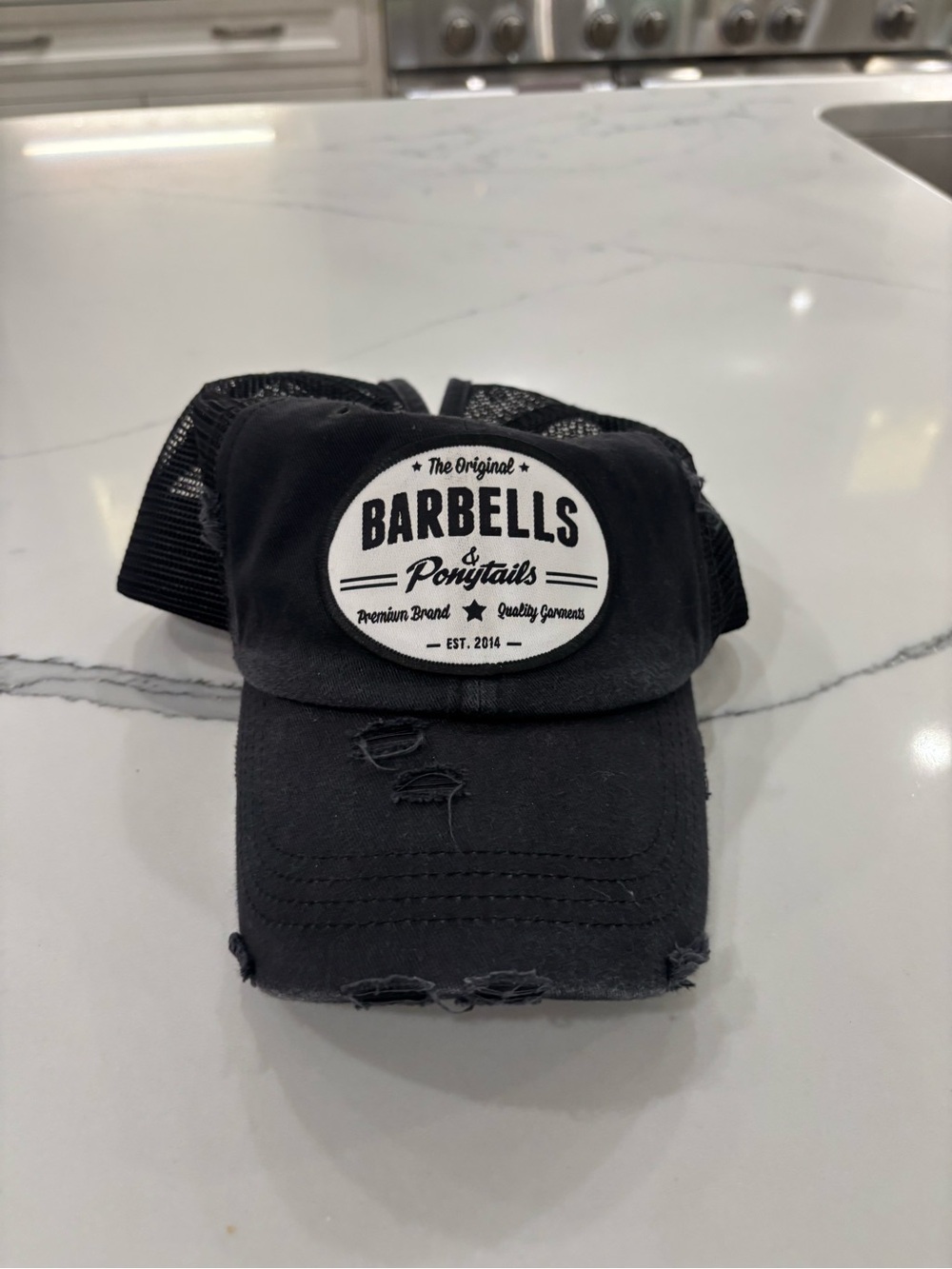 KBETHOS Black 'Barbells & Ponytails' Distressed Trucker Hat